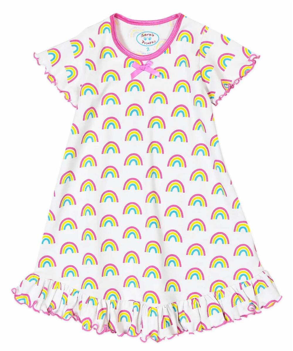 NEW SARA'S PRINTS girl's rainbow ruffle short sleeve gown in white/hot pink